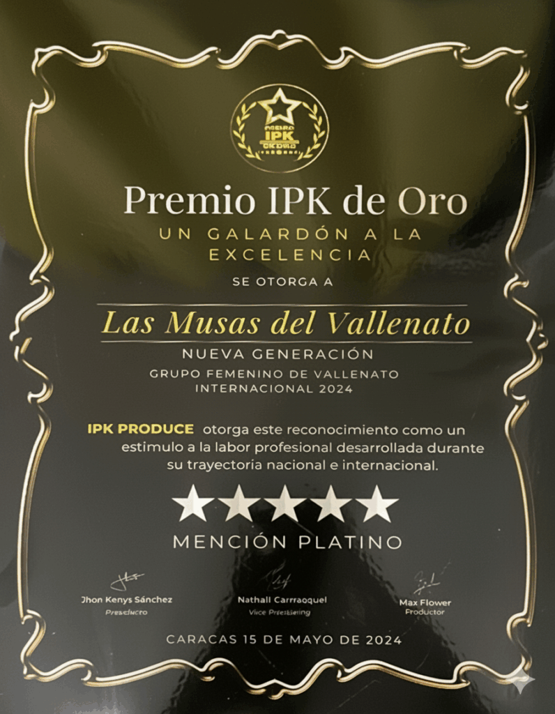 Reconocimiento Agrupación Femenina del Año 2024 otorgado a Las Musas del Vallenato NG en categoría vallenato internacional