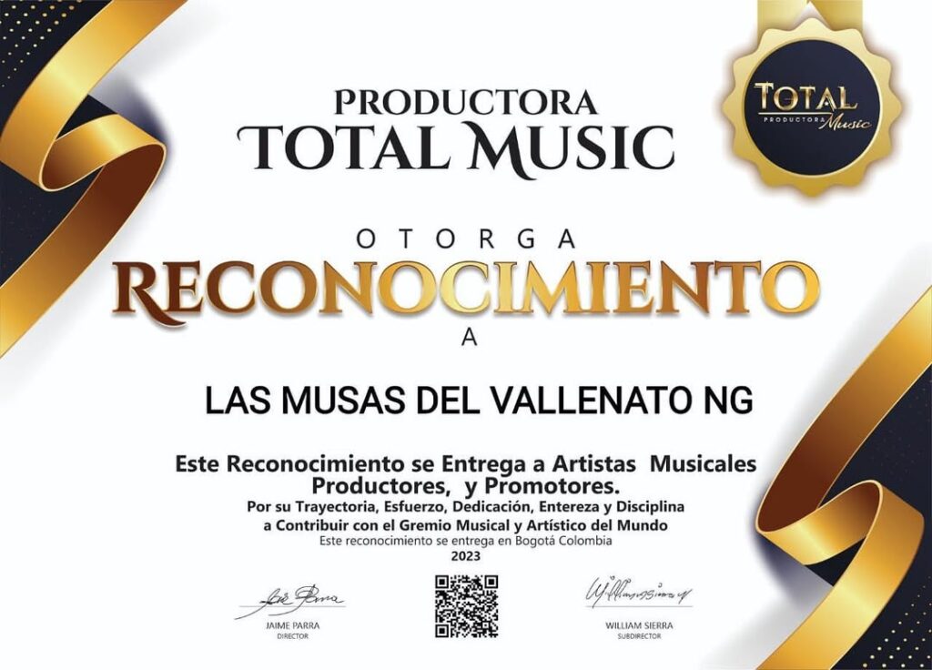 Reconocimiento artístico otorgado por Productora Total Music 2024 a Las Musas del Vallenato NG