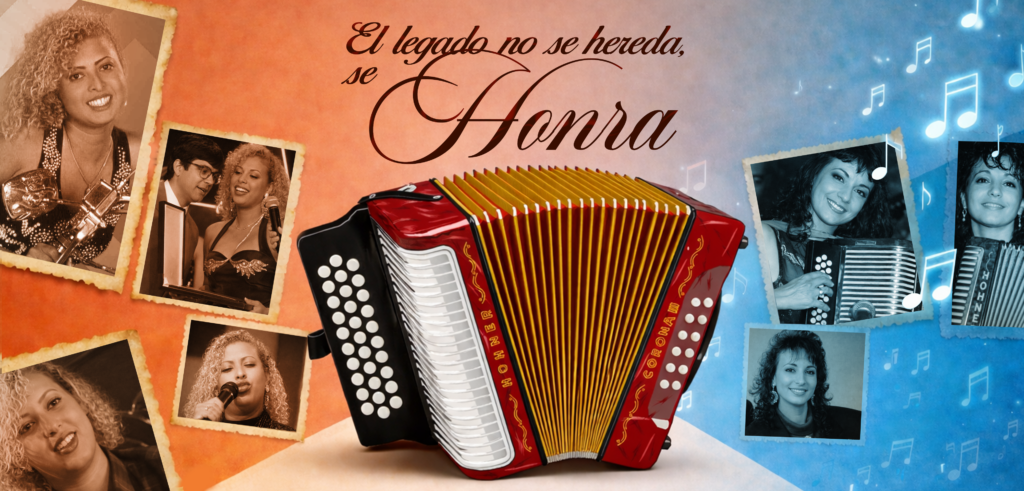 Acordeón vallenato rodeado de fotografías históricas de mujeres del vallenato, simbolizando el honor, la memoria y la continuidad del legado femenino en la música tradicional.