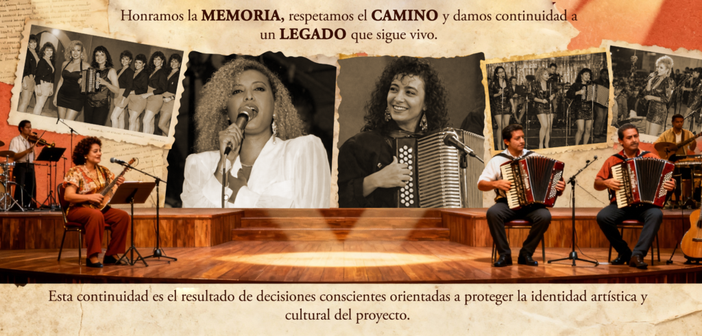 Homenaje al legado del vallenato femenino con acordeoneros en escenario y retratos históricos de mujeres pioneras que simbolizan la memoria, el respeto y la continuidad cultural del género.