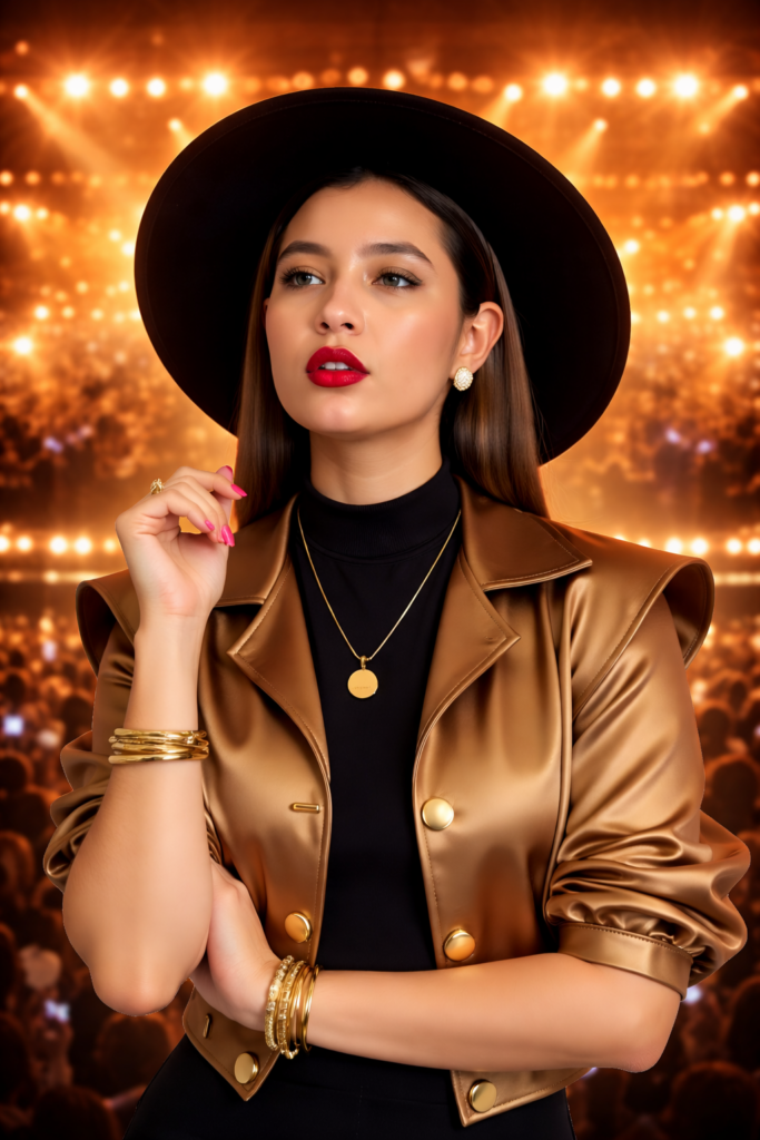 Bea Gómez, integrante de Las Musas del Vallenato Nueva Generación, en retrato escénico que representa la fusión entre música clásica y popular con elegancia y virtuosismo.