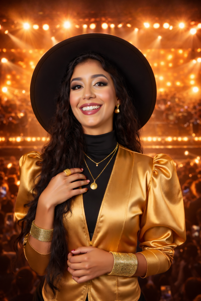 Judith Magallanes, cantante e influencer del vallenato moderno, en retrato escénico con iluminación de concierto que destaca su carisma, autenticidad y proyección digital.