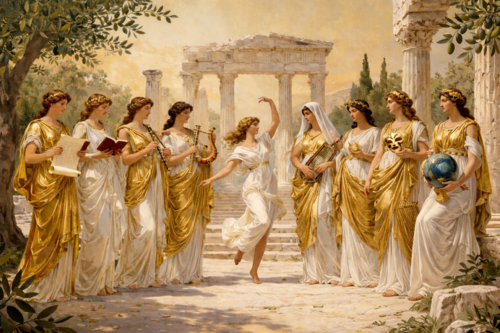 Representación artística de las nueve musas del Olimpo en un entorno griego clásico con columnas, túnicas doradas y símbolos de las artes.