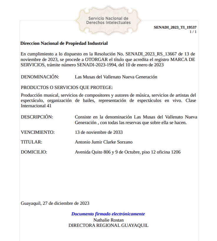 Título de registro de marca SENADI Ecuador SENADI_2023_TI_19537 – Las Musas del Vallenato Nueva Generación