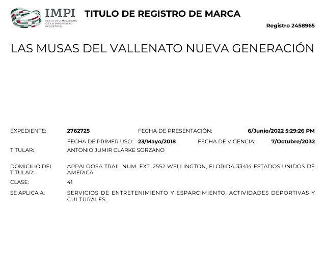 Título de Registro de Marca 2458965 emitido por el IMPI para Las Musas del Vallenato Nueva Generación en México, Clase 41