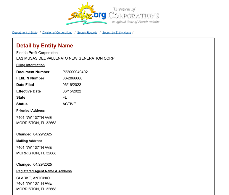 Certificado de registro corporativo en Florida P22000049402 de LAS MUSAS DEL VALLENATO NEW GENERATION CORP – Estado activo
