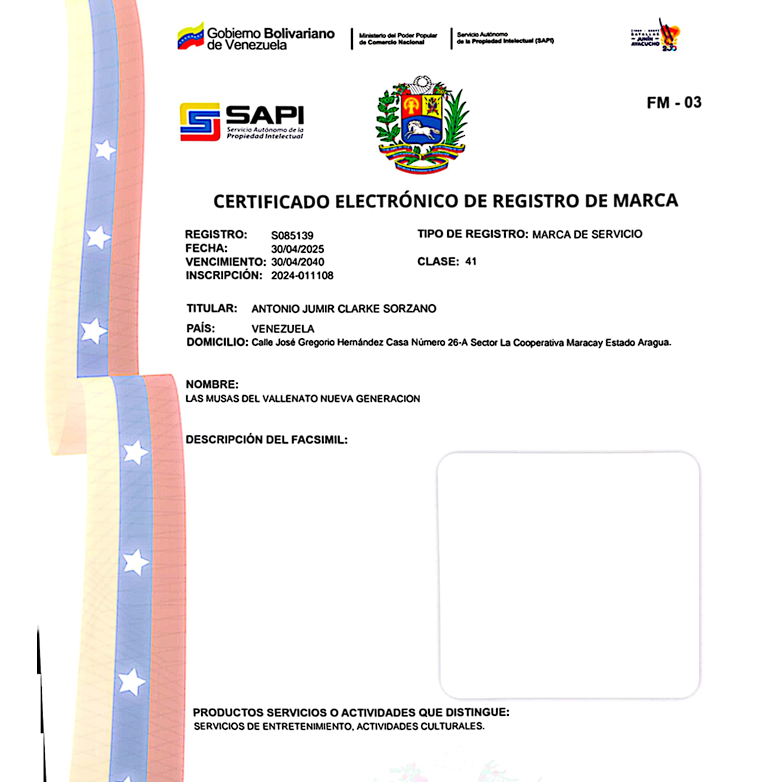 Registro de marca S085139 SAPI Venezuela – Las Musas del Vallenato Nueva Generación, marca de servicio Clase 41